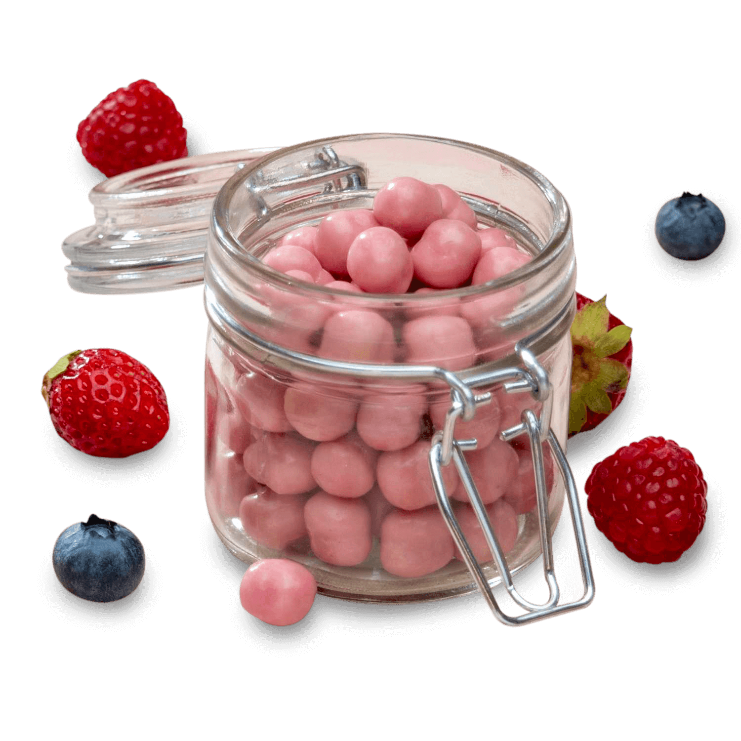 Glass jar filled with pink protein puffs, surrounded by fresh raspberries and blueberries, a healthy snack option.